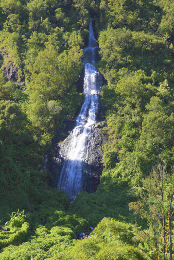 langer Wasserfall Voile de la Mariée inmitten grüner Vegetation